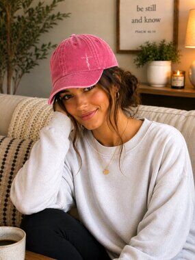 Faith Cross Script Baseball Cap Pink Distressed Hat Adjustable Christian